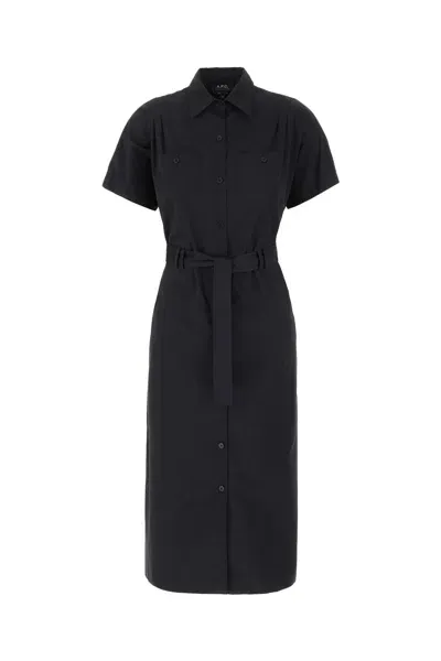 Apc Black Cotton Shirt Dress In Dark Navy