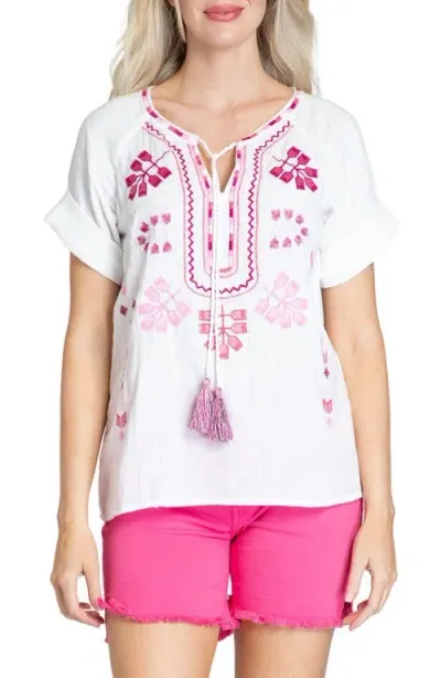 Apny Embroidered Peasant Top In White Multi