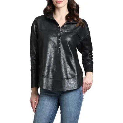 Apny Faux Leather Henley Top In Black