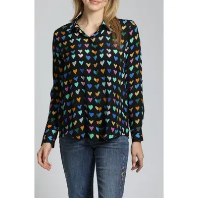 Apny Heart Print Button-up Shirt In Black Multi