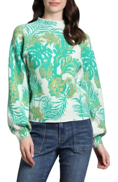 Apny Ivory Foliage Puff Sleeve Funnel Neck Sweater In Pastel Green Multi