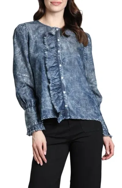 Apny Moon Wash Balloon Sleeve Button-up Shirt In Indigo