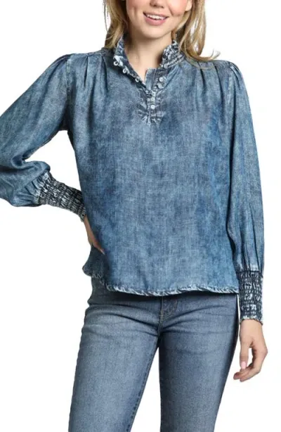 Apny Moon Wash Balloon Sleeve Button-up Shirt In Indigo