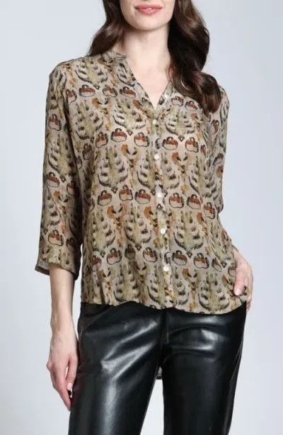 Apny Print Mandarin Collar Button-up Top In Brown Multi