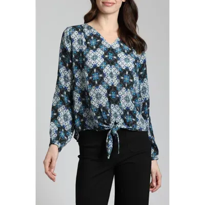 Apny Print Tie Front Top In Blue Multi