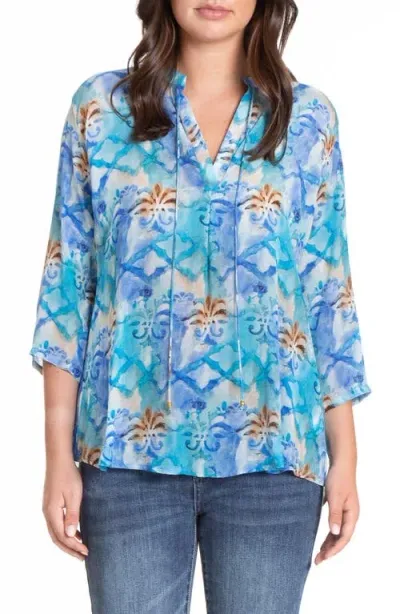 Apny Print Tie Neck Top In Blue Multi