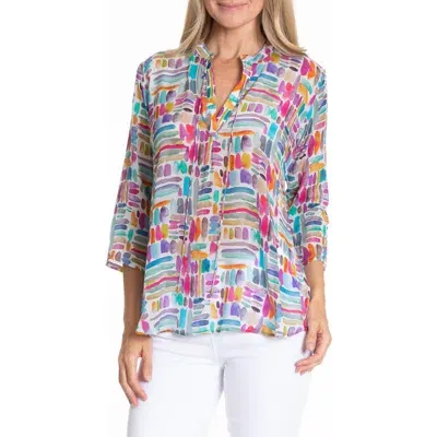 Apny Print Tie Neck Top In Pink Multi