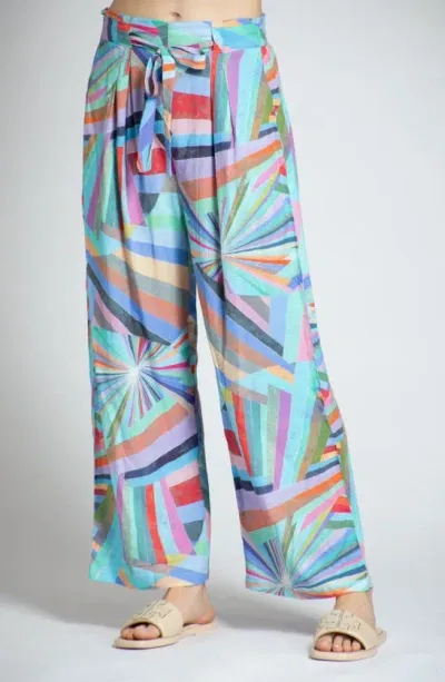 Apny Print Tie Waist Crop Wide Leg Pants In Blue Multi