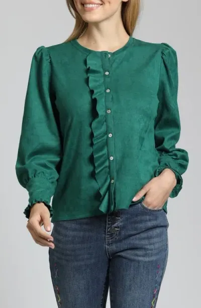 Apny Ruffle Faux Suede Puff Sleeve Shirt In Emerald