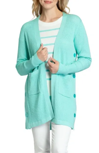 Apny Side Button Open Front Long Cardigan In Aqua