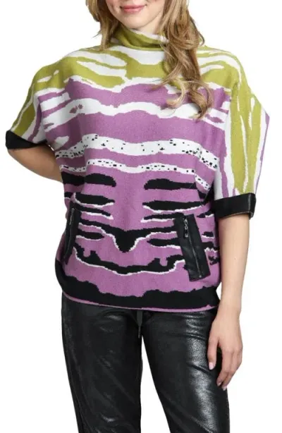 Apny Tiger Pattern Dolman Sleeve Sweater With Faux Leather Trim In Magenta Multi