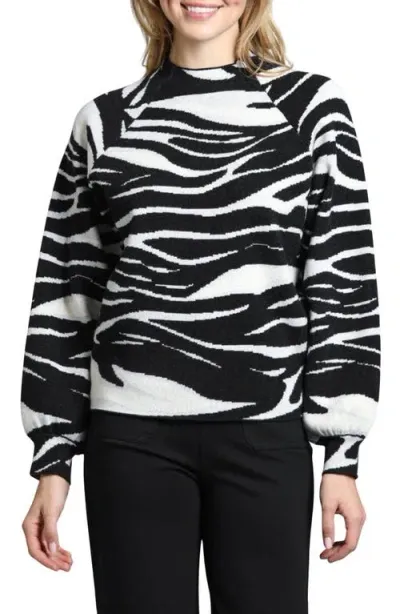 Apny Zebra Puff Sleeve Sweater In Black/white