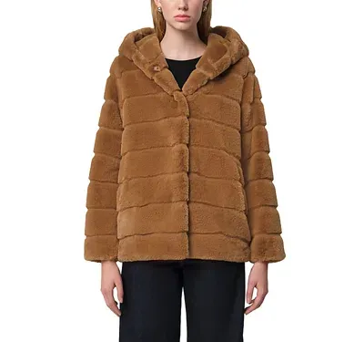 Apparis Goldy Faux Fur Hooded Short Coat In Camel