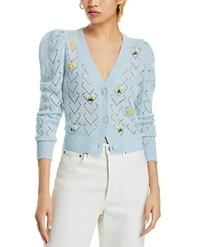 Aqua Cashmere Embroidered Pointelle Cashmere Cardigan - Exclusive In Blue Ice