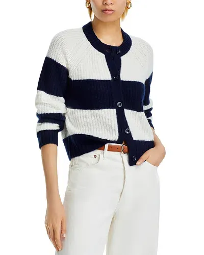 Aqua Cashmere Rugby Stripe Shaker Stitch Cardigan - Exclusive In Peacoat/ivory