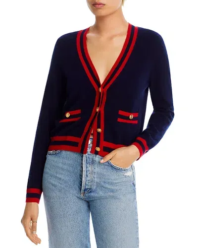 Aqua Cashmere Stripe Trim Novelty Button Cashmere Cardigan - Exclusive In Navy/red