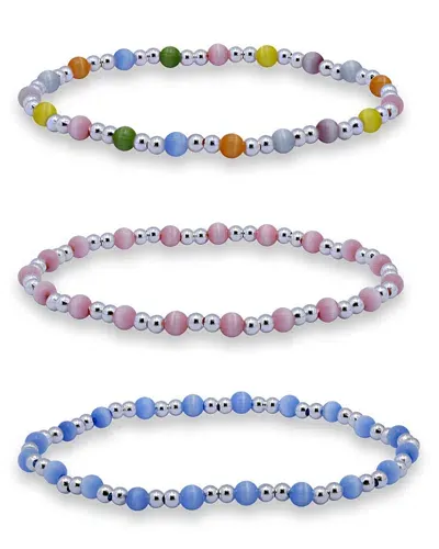 Aqua Cats Eye & Polished Bead Stretch Bracelet, Set Of 3 - Exclusive In Multi/silver