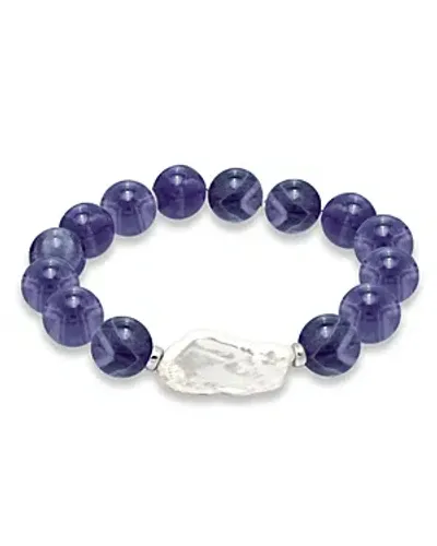 Aqua Cultured Freshwater Pearl & Gemstone Beaded Stretch Bracelet - Exclusive In Sodalite/silver