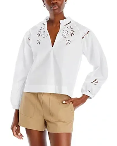 Aqua Embroidered Cotton Long Sleeve Blouse - Exclusive In White