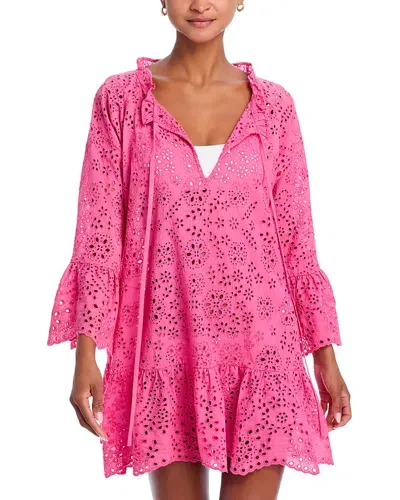 Aqua Eyelet Tunic Cover Up Dress - Exclusive In Hot Pink