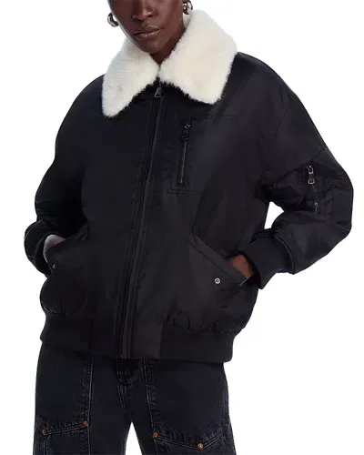 Aqua Faux Fur Collar Bomber Jacket - Exclusive In Black