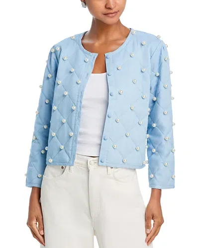 Aqua Faux Pearl Embellished Quilted Jacket - Exclusive In Chambray