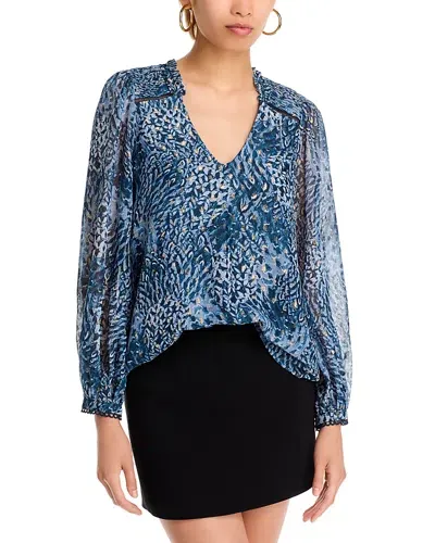 Aqua Feather V Neck Blouse - Exclusive In Metal Blue