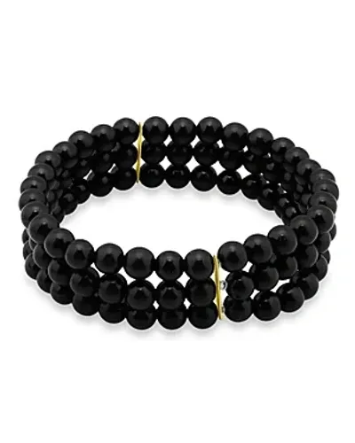 Aqua Gemstone Beaded Triple Row Stretch Bracelet - Exclusive In Onyx/gold