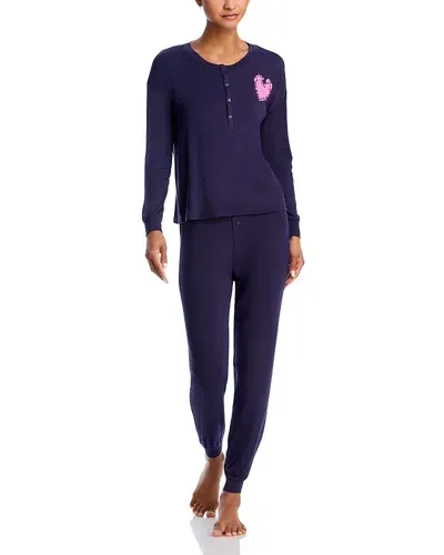 Aqua Henley Heart Patch Pajama Set - Exclusive In Navy