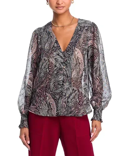 Aqua Metallic Leaf Puff Sleeve Blouse - Exclusive In Black/pink