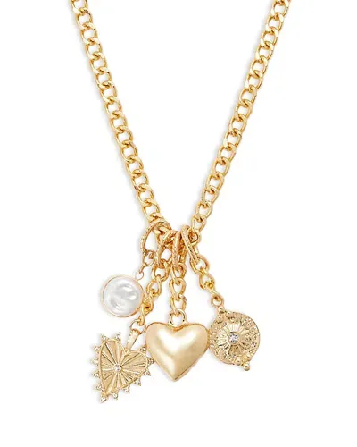 Aqua Pave Heart & Imitation Pearl Multi Charm Pendant Necklace, 30-33 - Exclusive In Gold