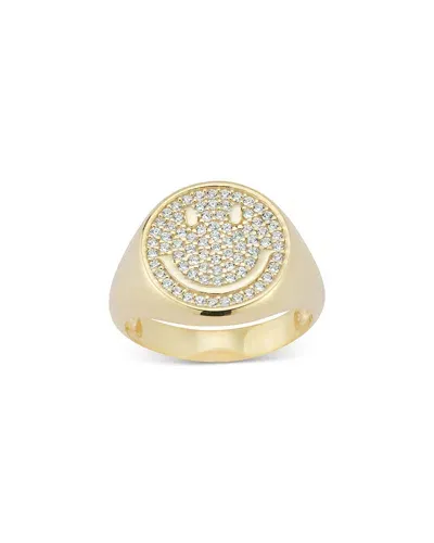 Aqua Pave Smiley Face Signet Ring In 14k Gold Plated Sterling Silver - Exclusive