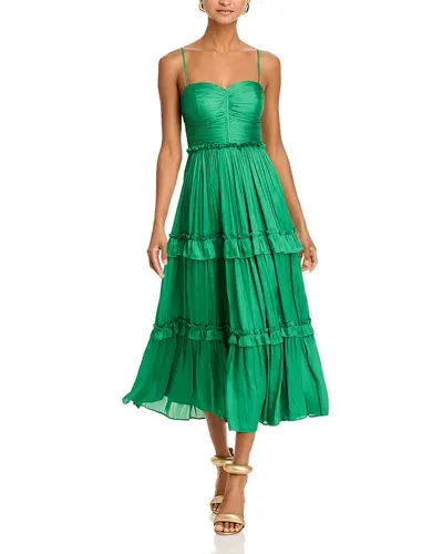 Aqua Ruched Ruffled Midi Dress - Exclusive In Green