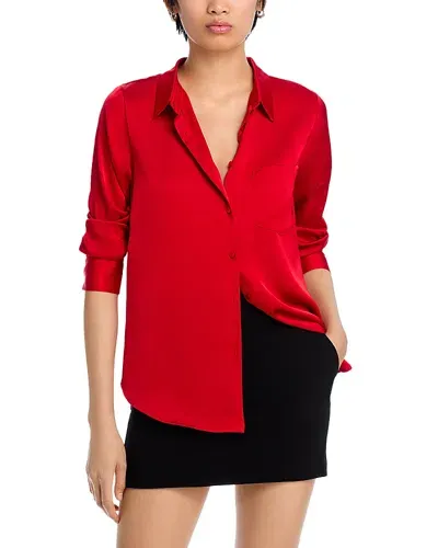 Aqua Satin Button Front Blouse - Exclusive In Ruby Red