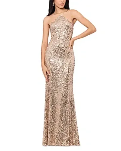 Aqua Sequin Cutout Back Gown - Exclusive In Rose/gold