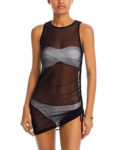 Aqua Swim Mesh Drawstring Mini Dress Swim Cover-up - Exclusive In Black