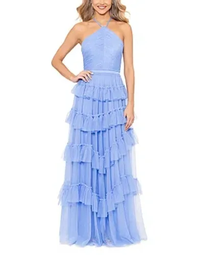 Aqua Tulle Tiered Ruffle Gown - Exclusive In Cornflower