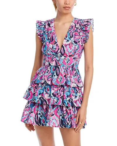 Aqua V Neck Ruffled Mini Dress - Exclusive In Blue/pink Multi