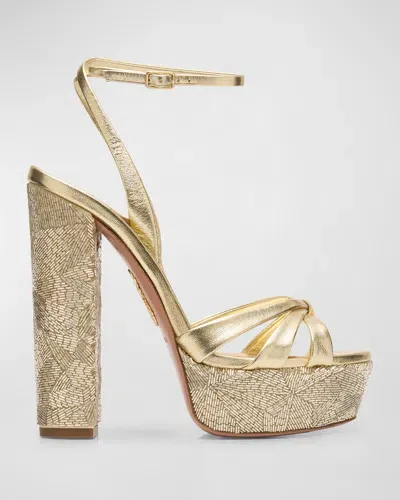 Aquazzura Beaded Metallic Leather Platform Sandals In Platino