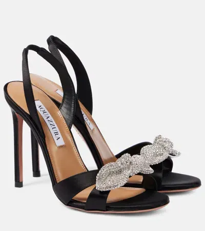 Aquazzura Bow Tie Crystal-embellished Satin Sandals In Black