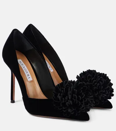 Aquazzura Couturier 105 Floral-appliqué Velvet Pumps In Black