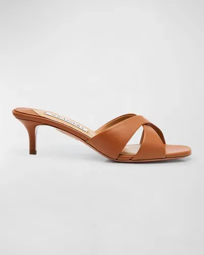 Aquazzura Divine Leather Crisscross Mule Sandals In Tobacco