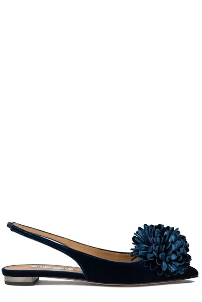 Aquazzura Floral Embellished Slingback Flat Shoes In Blue