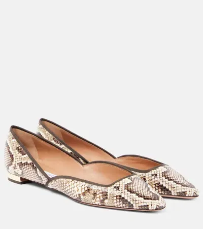 Aquazzura Maya Flay Snake-effect Leather Ballet Flats In Grey