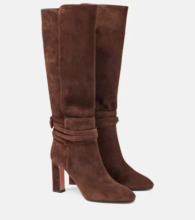 Aquazzura Very Bow Tie 85 Suede Knee-high Boots In Brown