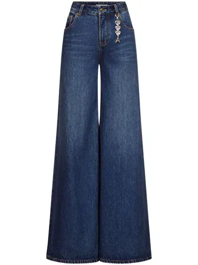 Area Crystal Heart Charm Wide-leg Jeans In 蓝色