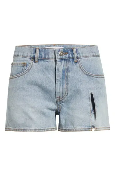 Area Flower Corsage Slit Denim Shorts In Super Light Wash