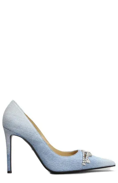 Area Denim Crystal Cutout Stiletto Pumps In Blue