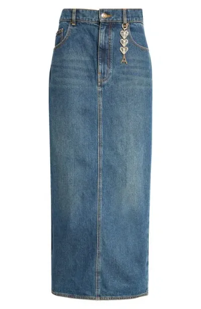 Area Zip Slit Denim Midi Skirt In Dark Medium Wash