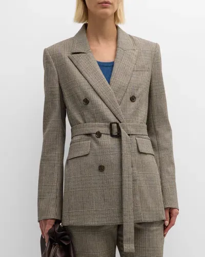 Argent Belted Plaid Houndstooth Blazer In Cream Brown Multi